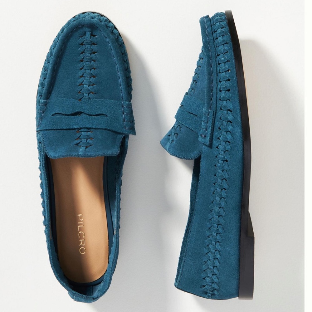 Pilcro ANTHROPOLOGIE Woven Leather Loafers in Deep Navy Marine Blue size 8 NEW
